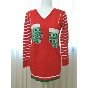Isabella’s Closet Ugly Christmas Tunic Sweater Women's M V-Neck Red Mittens NWT